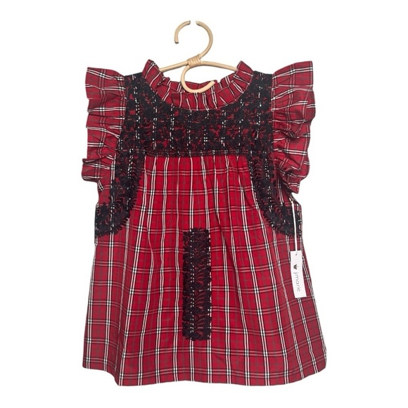J. Marie Red Tartan Rayna Plaid Ruffle Neck Embroidery Top NEW Size M Holidays - Picture 2 of 12